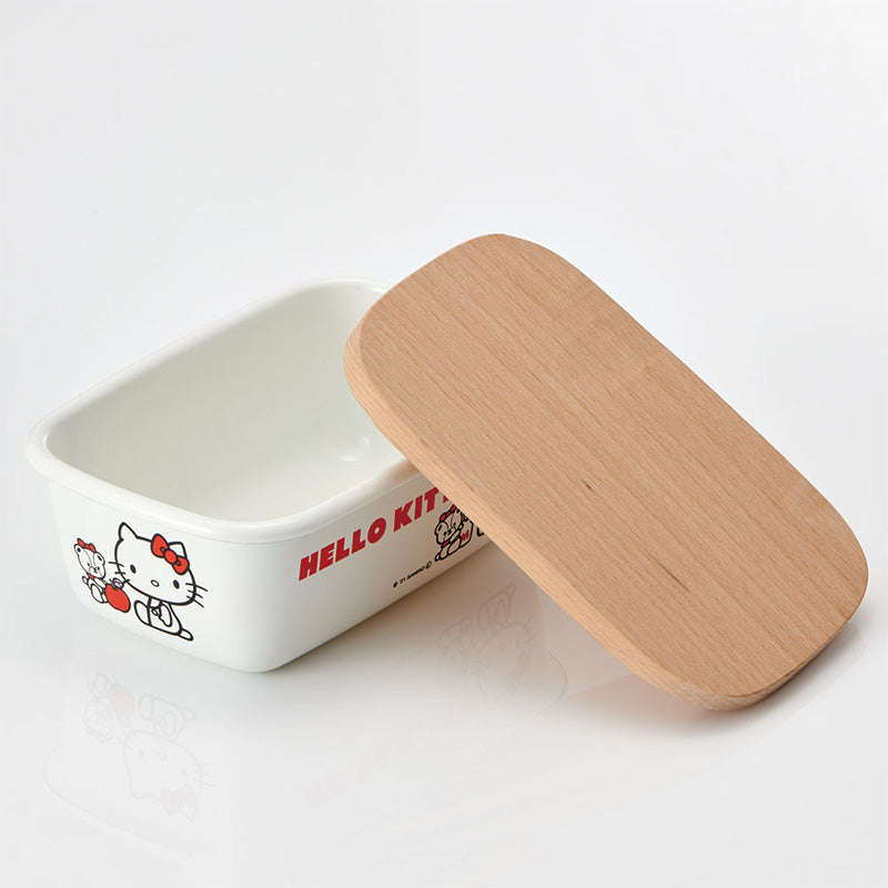 Winnie/HelloKitty Quality Enamel Rectangular Butter Dish Butter Keeper with Wood Lid