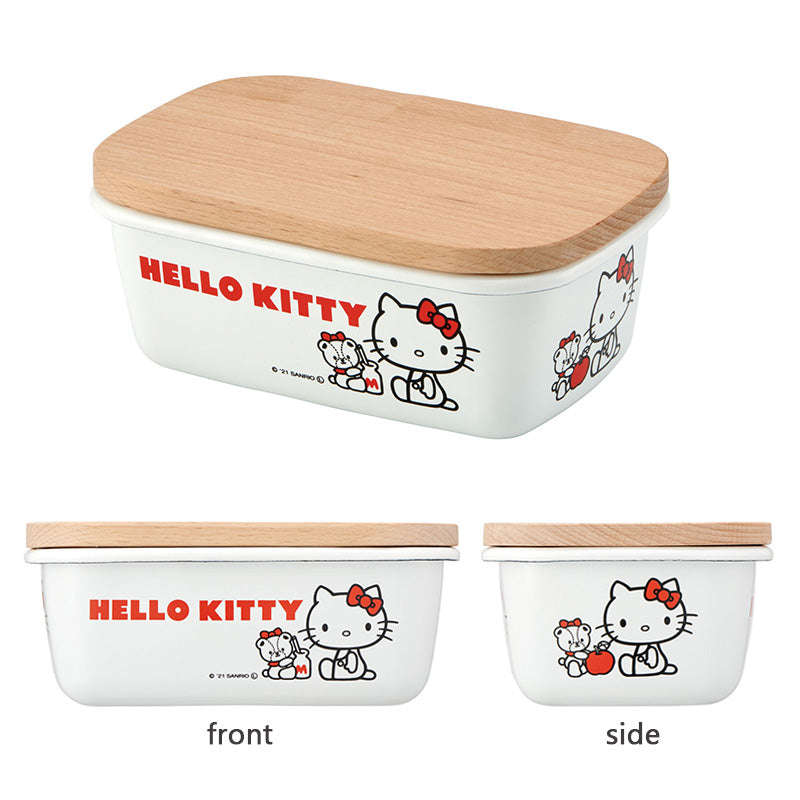 Winnie/HelloKitty Quality Enamel Rectangular Butter Dish Butter Keeper with Wood Lid