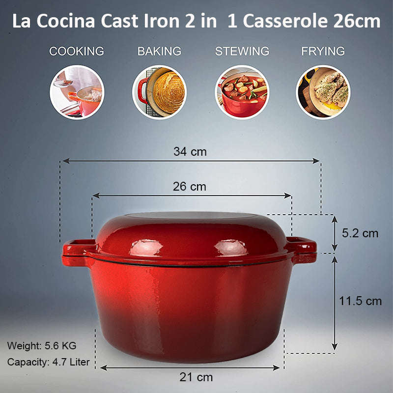 La Cocina Cast Iron 2 in 1 Casserole with Frypan Lid 26cm (one pot only)