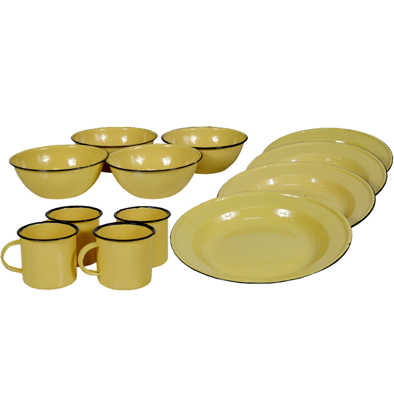 New World Enamelware 12pc dinning set mug plate bowl camping