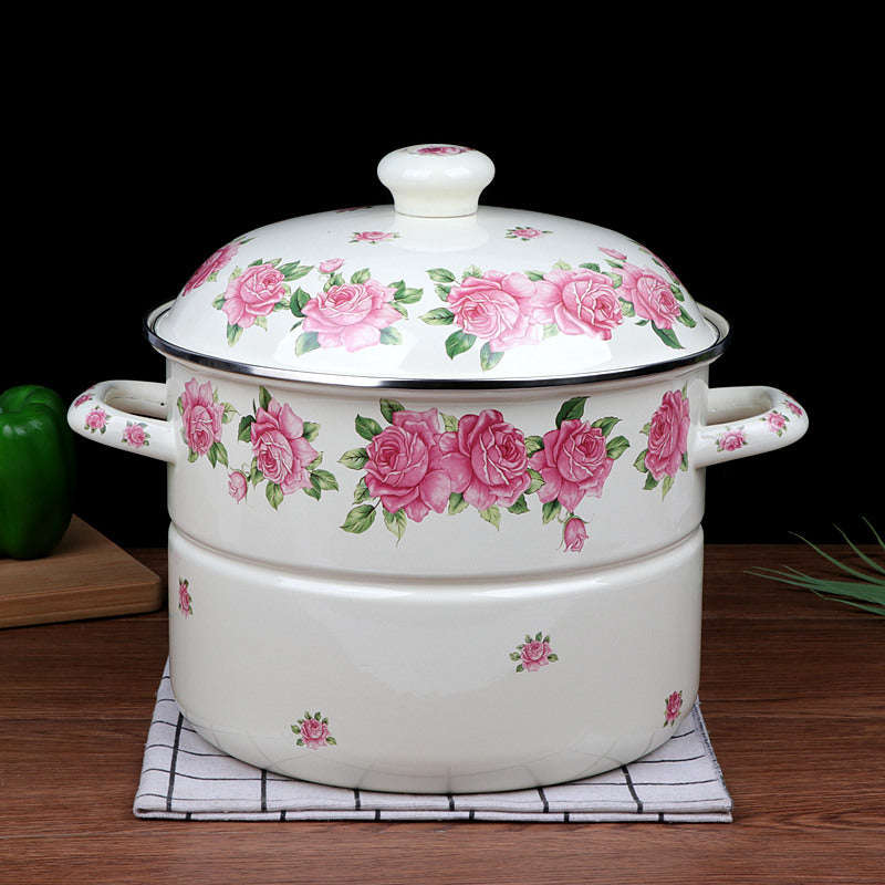 Agate Enamel Steamer Pot Flowers Steam Pot Pasta Stew Pot Stockpot Casserole