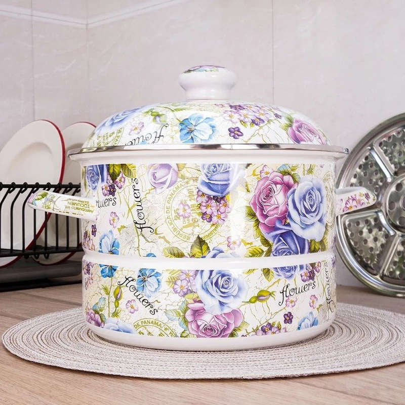 Agate Enamel Steamer Pot Flowers Steam Pot Pasta Stew Pot Stockpot Casserole