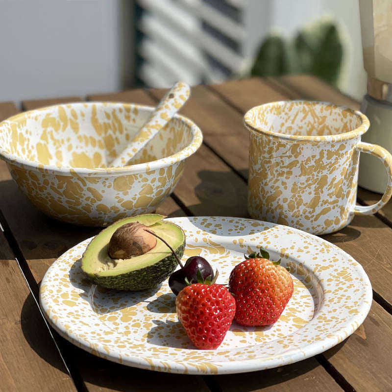 Big5 Marble Splatter Yellow Enamel Dinner Set Mug Plate Spoon Bowl Camping (each unit price is fo...