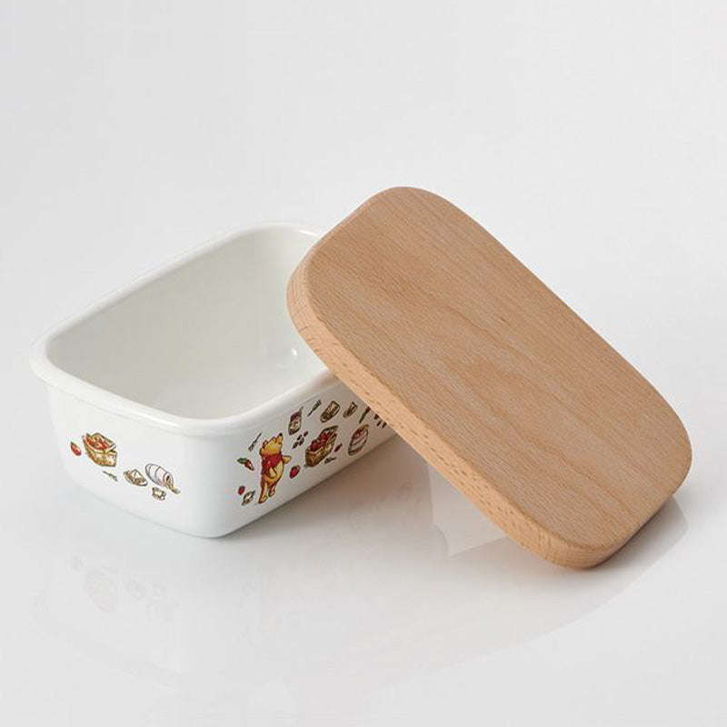 Winnie/HelloKitty Quality Enamel Rectangular Butter Dish Butter Keeper with Wood Lid