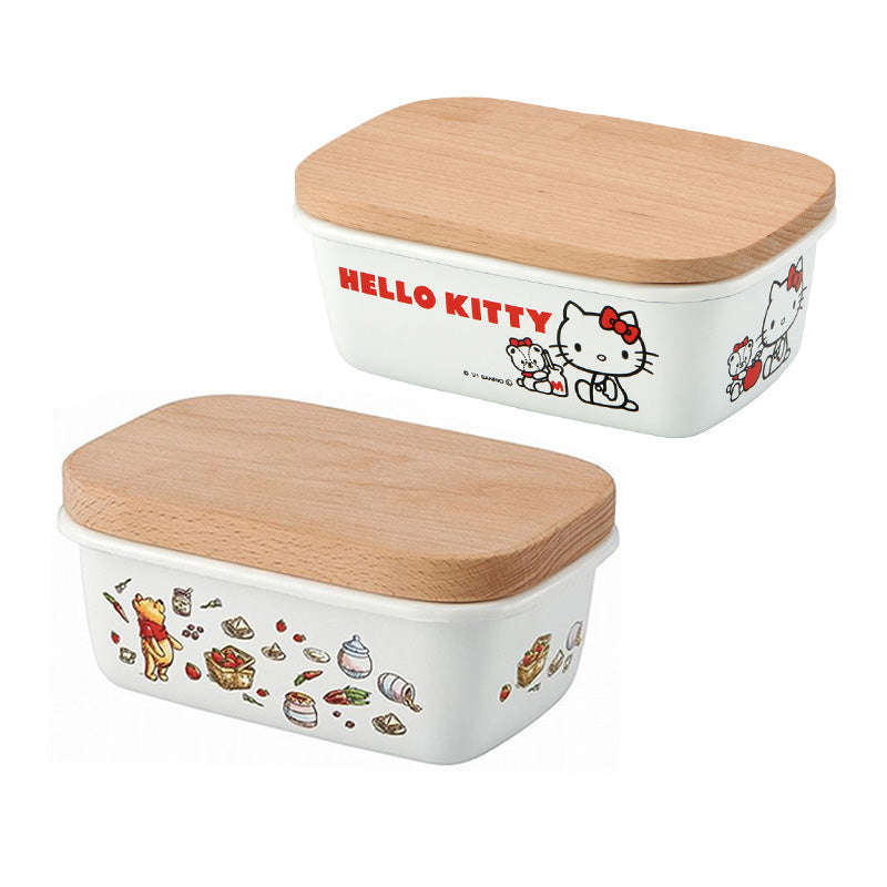 Winnie/HelloKitty Quality Enamel Rectangular Butter Dish Butter Keeper with Wood Lid