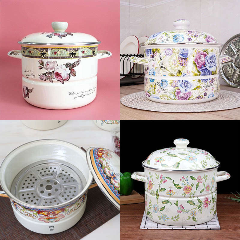 Agate Enamel Steamer Pot Flowers Steam Pot Pasta Stew Pot Stockpot Casserole