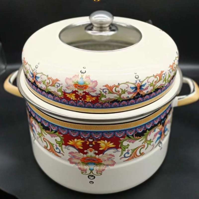 Agate Enamel Steamer Pot Flowers Steam Pot Pasta Stew Pot Stockpot Casserole