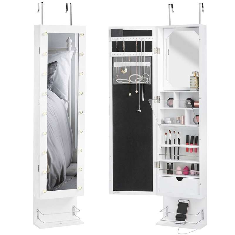 White LED Wall / Door Mounted Armoire Cabinet With Full Length Mirror, Underneath Shelf & Interna...