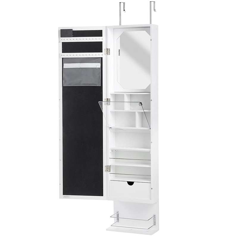White LED Wall / Door Mounted Armoire Cabinet With Full Length Mirror, Underneath Shelf & Interna...