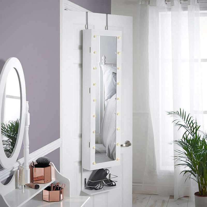 White LED Wall / Door Mounted Armoire Cabinet With Full Length Mirror, Underneath Shelf & Interna...