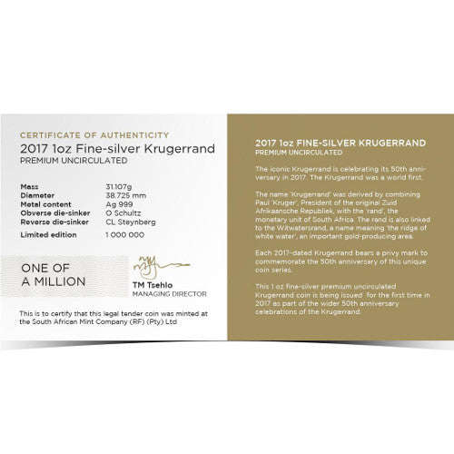 2017 Krugerrand Fine-Silver PU - 50 x 1oz Silver