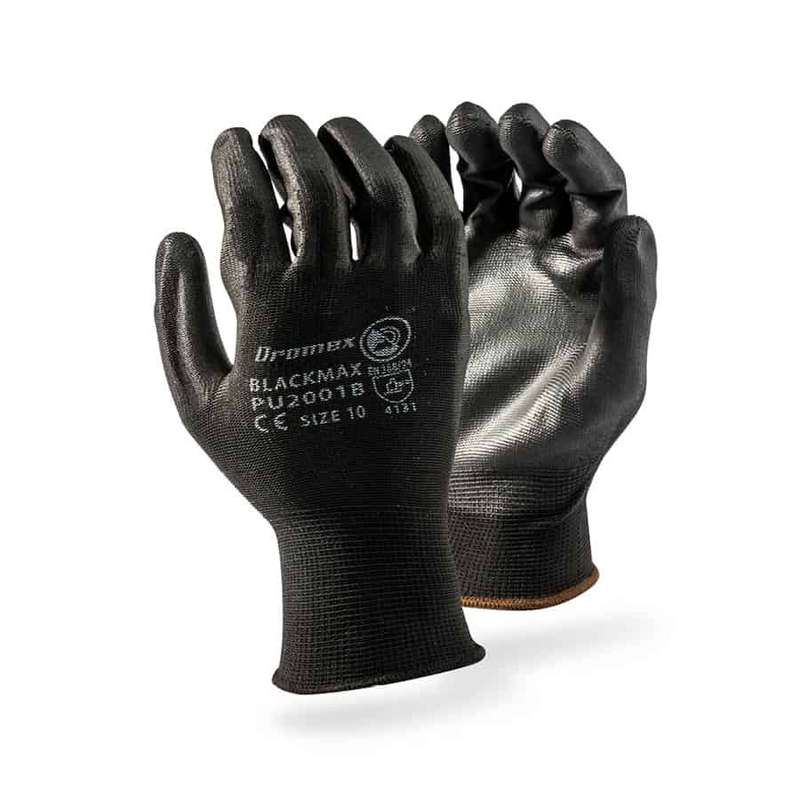 5 Pairs Black Work Gloves - Polyurethane Coated Palm on Nylon