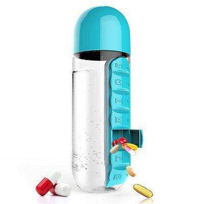 600ML Water Plastic Bottle With Pill Box A Day Organizer Drinking Bottles hot water bottle... - Blue