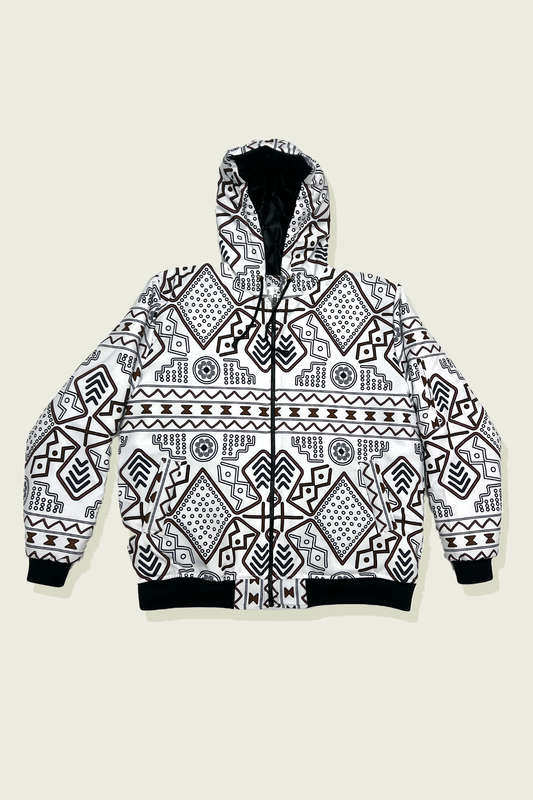 Mudcloth White Winter Hoodie Jacket