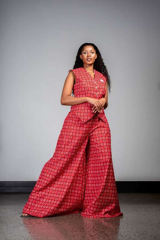 Ladies - Bogolan Flare Palazzo Pants (RED)