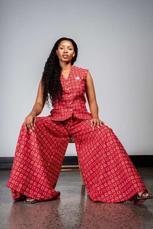 Ladies - Bogolan Flare Palazzo Pants (RED)