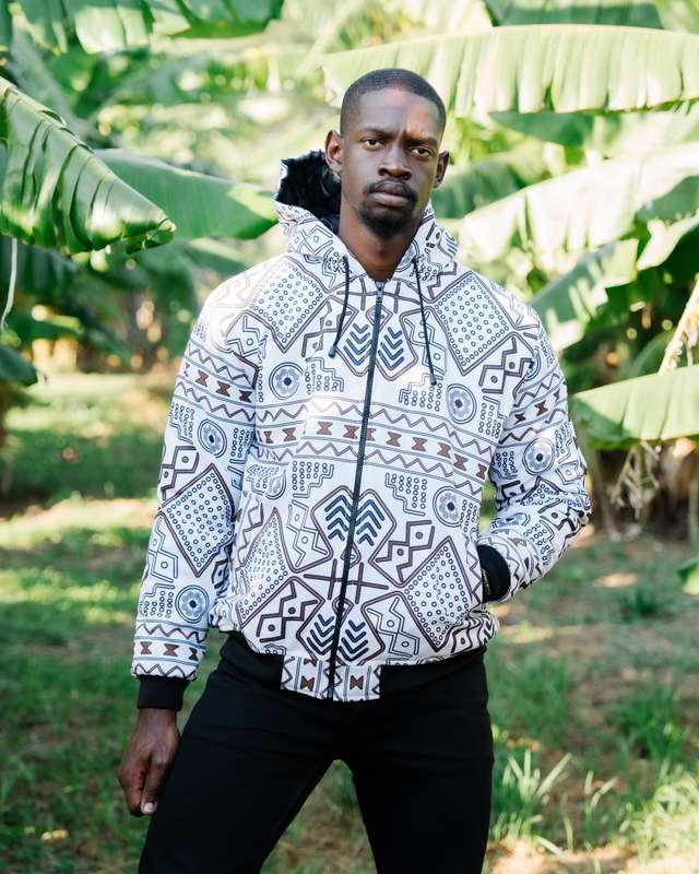 Mens - Mudcloth White Winter Hoodie Jacket
