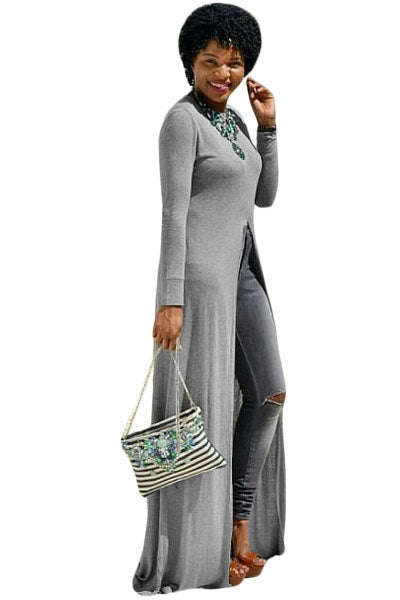 Grey High Front Slit Long Shirt Dress Top - as shown / (US 12-14)L