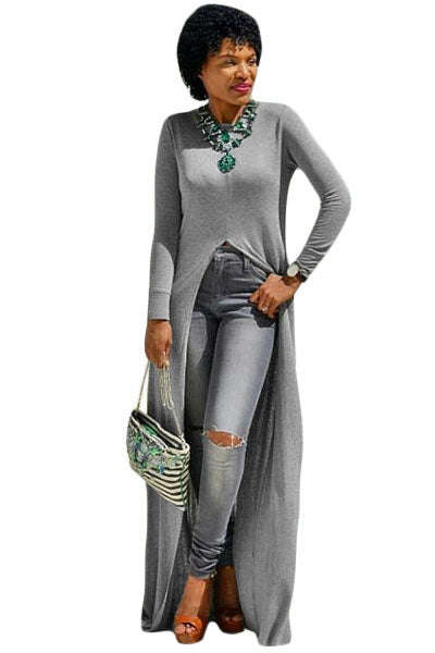 Grey High Front Slit Long Shirt Dress Top - as shown / (US 12-14)L