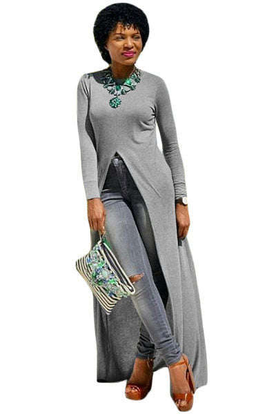 Grey High Front Slit Long Shirt Dress Top - as shown / (US 12-14)L