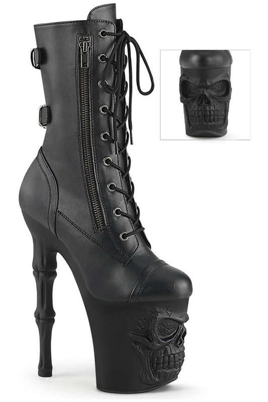 Black Faux Leather 8" Finger Bone Heel Pocket Mid Calf Boot
