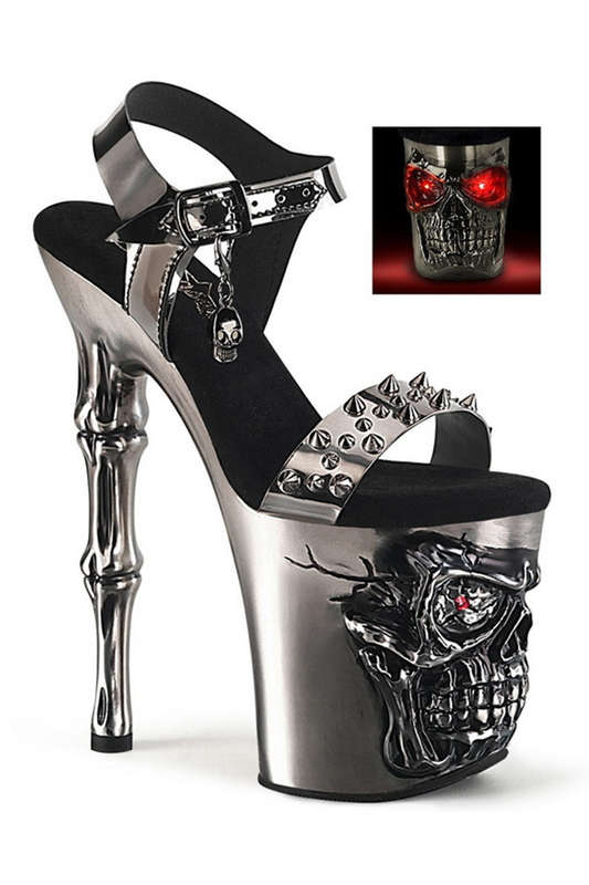 Pewter Chrome 8" Finger Bone Heel LED Ankle Strap Sandal