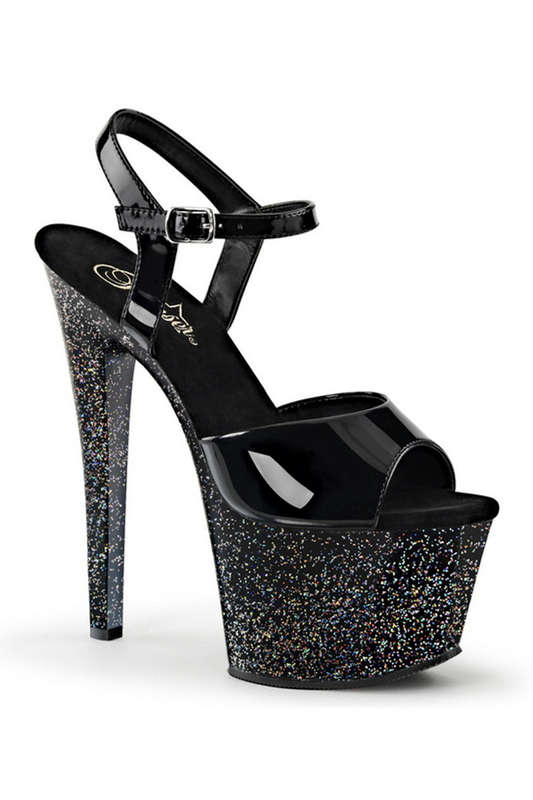 Black 7" Heel Glitter Platform Ankle Strap Sandal