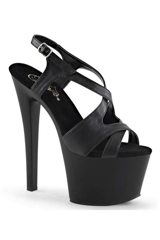 Black Faux Leather 7" Stiletto Heel Criss-Cross Sling Back Sandals