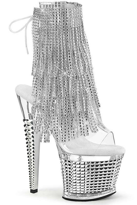 Silver & Clear 7" Textured Heel Fringe Ankle Boot