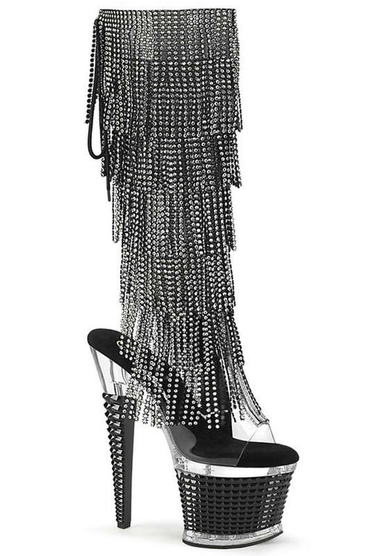 Black 7" Textured Heel Fringed Knee High Boot