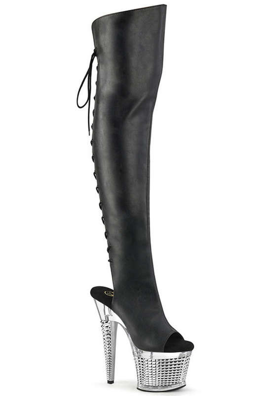 Black Faux Leather 7" Silver Chrome Textured Heel Over The Knee Boot