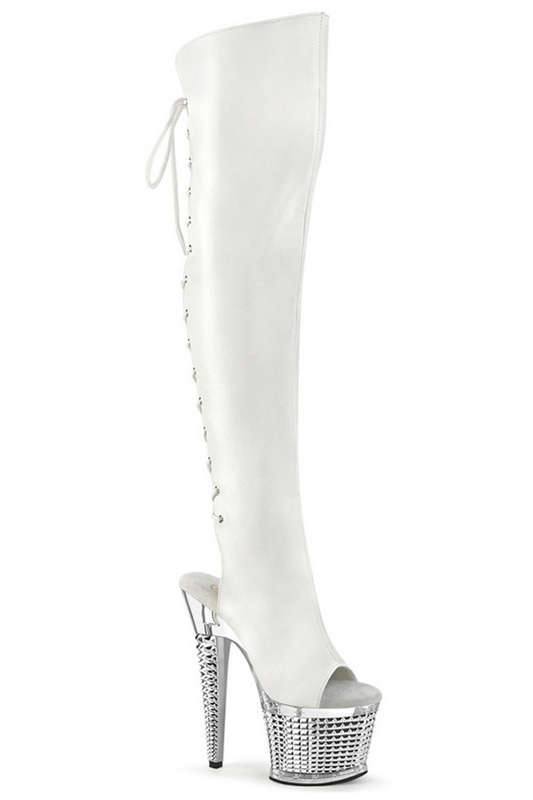 White Faux Leather 7" Silver Chrome Textured Heel Over The Knee Boot