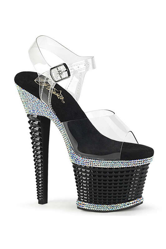 Black 7" Textured Heel & Rhinestone Ankle Strap Sandal