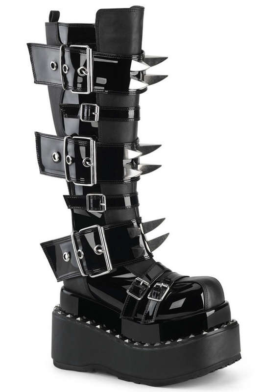 Black Patent & Vegan Leather Studded Knee High Boot