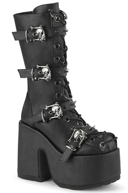 Black Vegan Leather Corset Lacing Mid Calf Boot