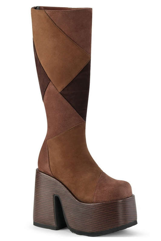 Brown Vegan Suede Patchwork Knee High Boot