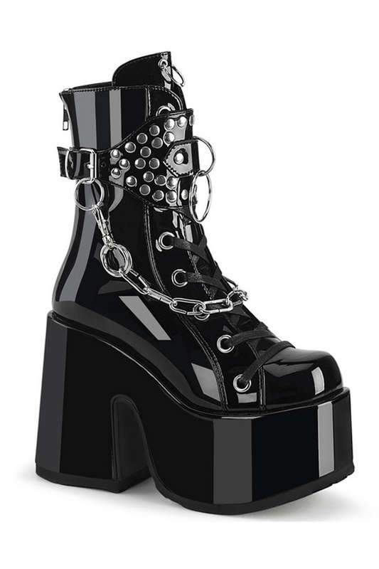 Black Patent 5" Chunky Heel Mid Calf Boot