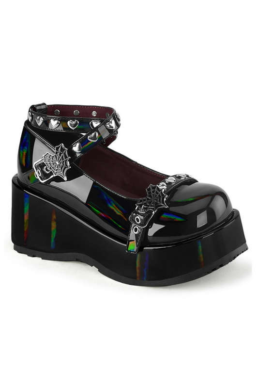 Black Holo Patent Ankle Wrap Platform Shoe