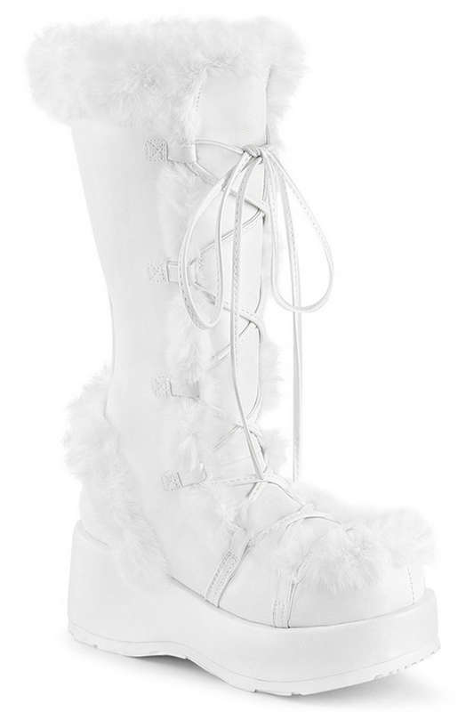White Vegan Suede Mid Calf Fur Trimmed Boot