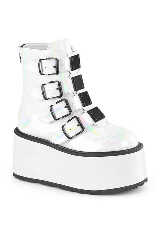 White Holo Pat Buckle Strap Ankle Boot
