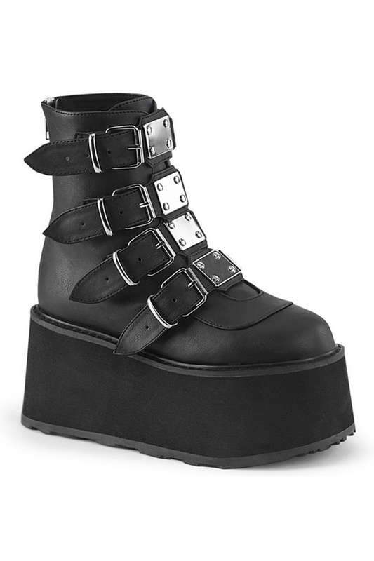 Black Vegan Leather Buckle Strap Ankle Boot