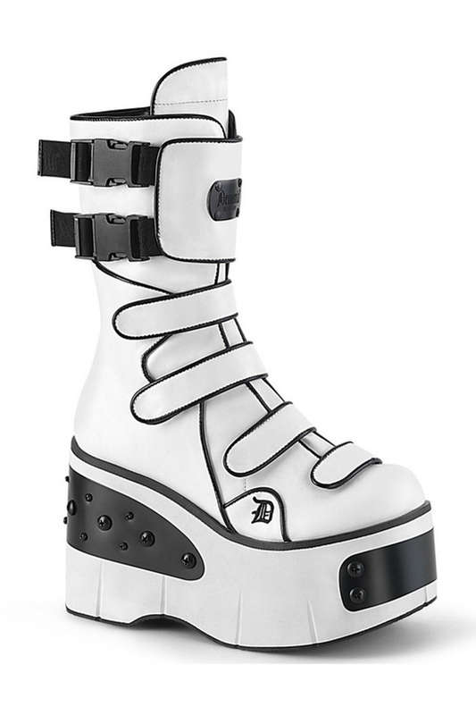 White Vegan Leather Plated 4 1/2" Platform Mid Calf Boot