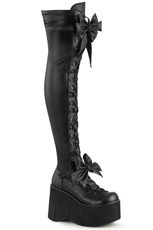 Black Vegan Leather Ribbons & Bows Lace Up Thigh High Boot