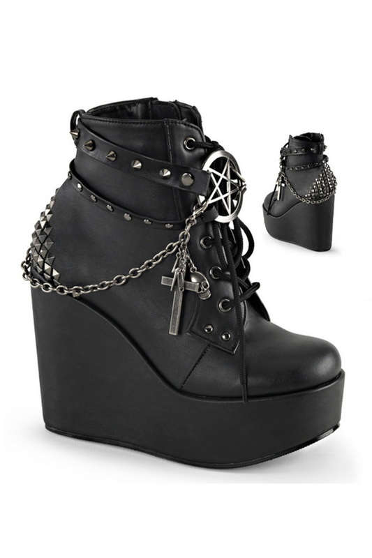 Black Vegan Leather Charms 5" Wedge Ankle Bootie