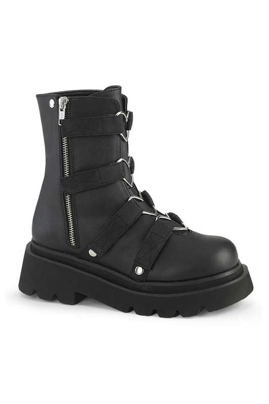 Black Vegan Leather Heart Ring Strap Ankle Boot