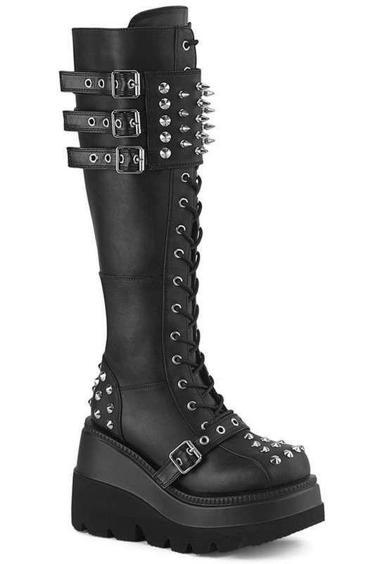 Black Vegan Leather Platform Spike Shield Knee High Boot