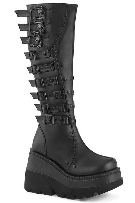 Black Vegan Leather 4 1/2" Wedge Skull Buckle Knee High Boot