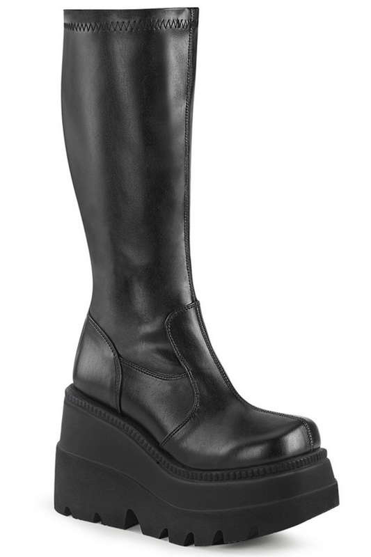 Black Vegan Leather 4 1/2" Wedge Platform Knee High Boot