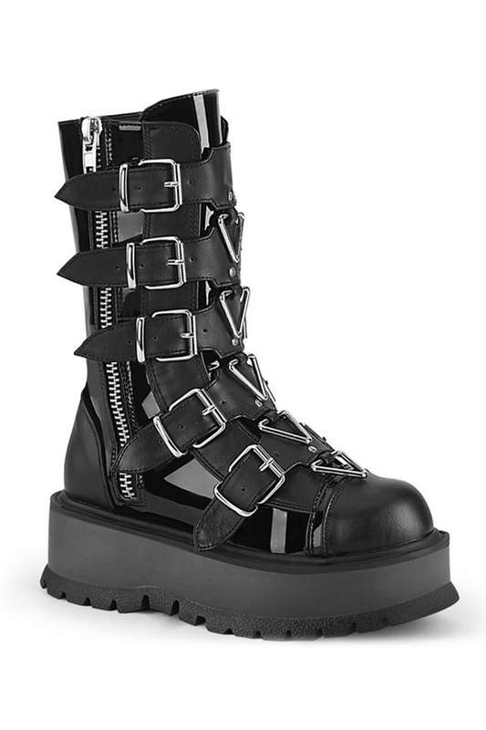 Black Patent & Vegan Leather 2" Platform Lace Up Mid Calf Boot