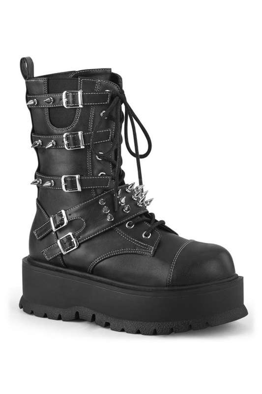 Black Vegan Leather 2" Platform Buckle Strap Mid Calf Boot